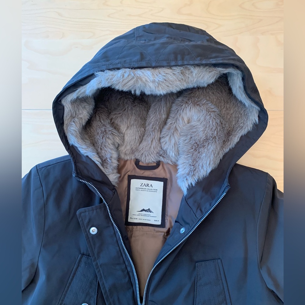Zara Kids Brown Puffer Jacket with Faux Fur Hood